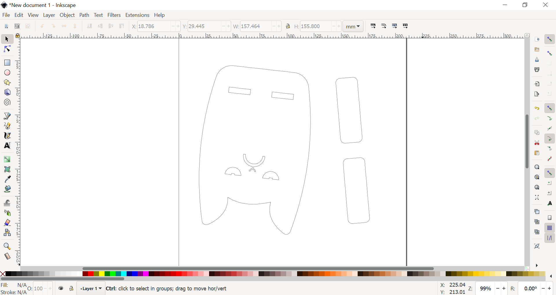 2D sketch of all the parts for cat phone stand in Inkscape software