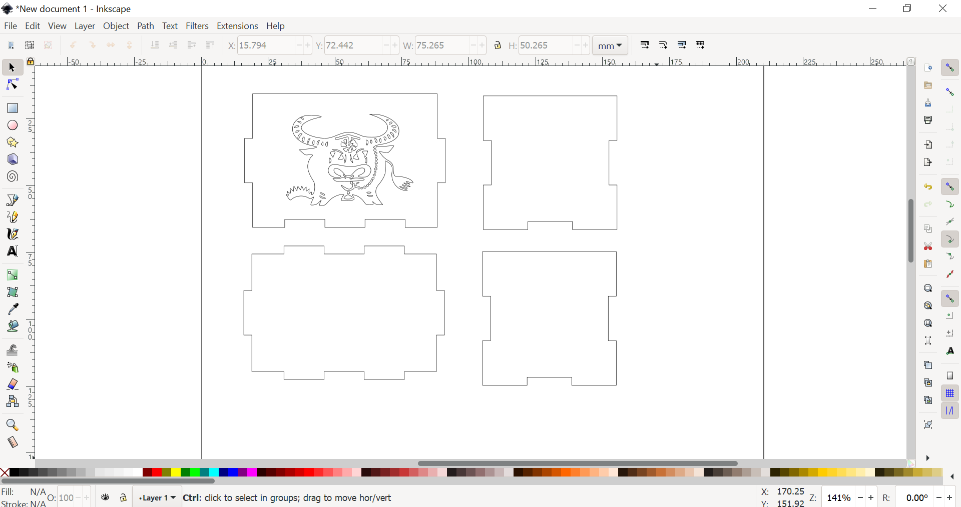 2D sketch of all the parts for the decorative box in Inkscape software
