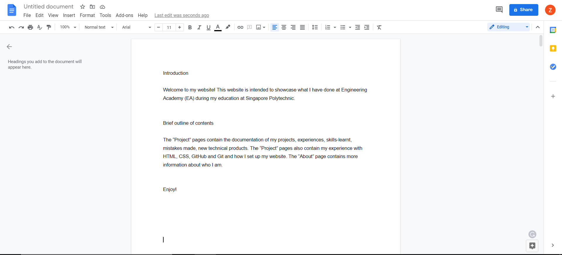 A screen that shows a Google Document with the content for this website's home page