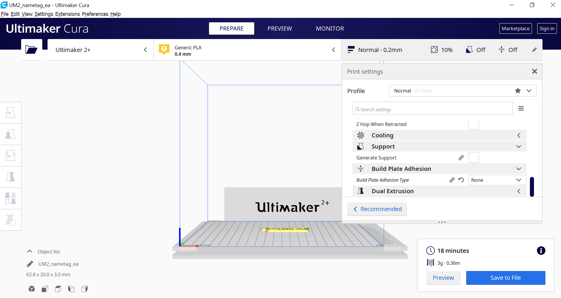 A nametag being imported into Ultimaker Cura software for 3D printing