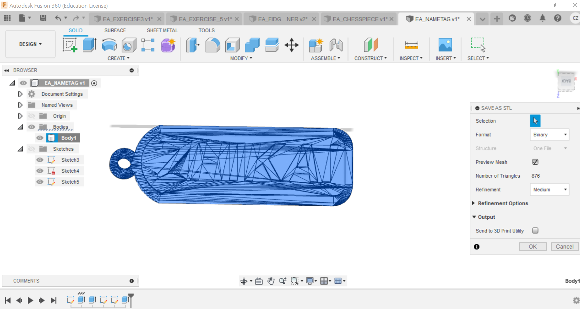 A nametag being saved as STL file in Fusion360 software