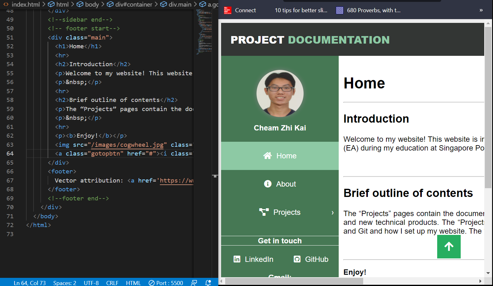 A screen that has Visual Studio Code on the left and the Website on the right of the screen